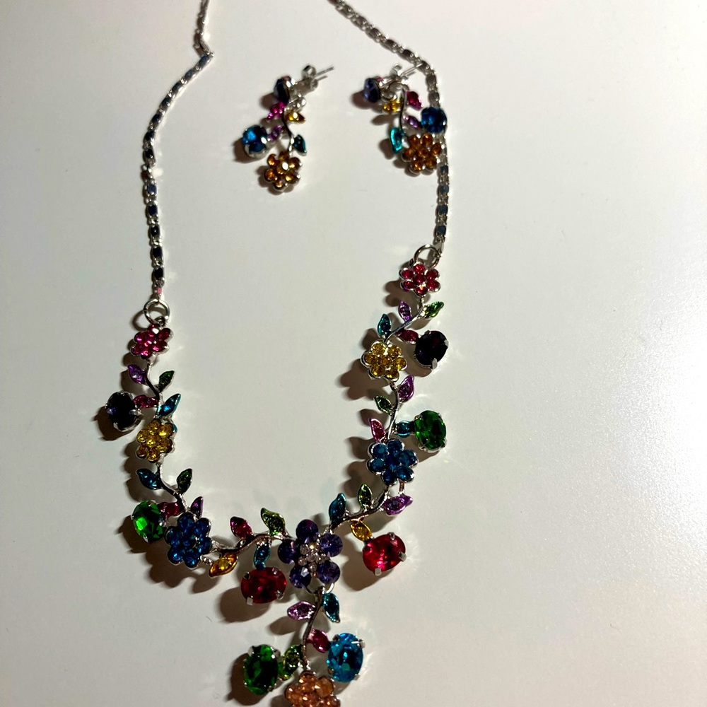 Silver and blue floral statement jewelry, necklace and earrings set, maximalist